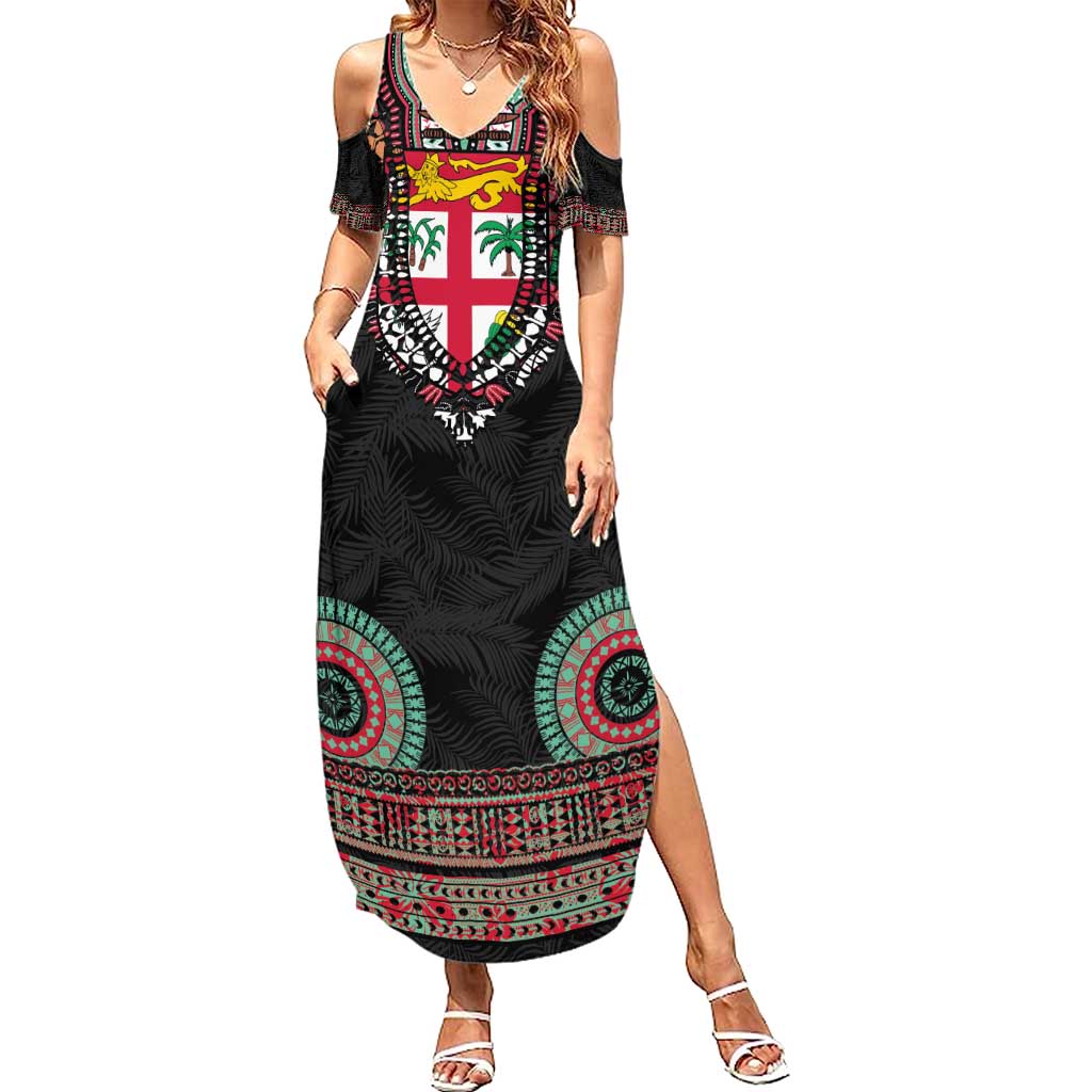 Fiji Coat of Arms Traditional Dashiki Family Matching Summer Maxi Dress and Hawaiian Shirt Tapa Art and Palm Leaves Pattern Black Color LT03 Mom's Dress Black - Polynesian Pride