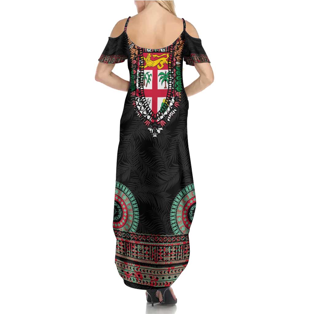 Fiji Coat of Arms Traditional Dashiki Family Matching Summer Maxi Dress and Hawaiian Shirt Tapa Art and Palm Leaves Pattern Black Color LT03 - Polynesian Pride