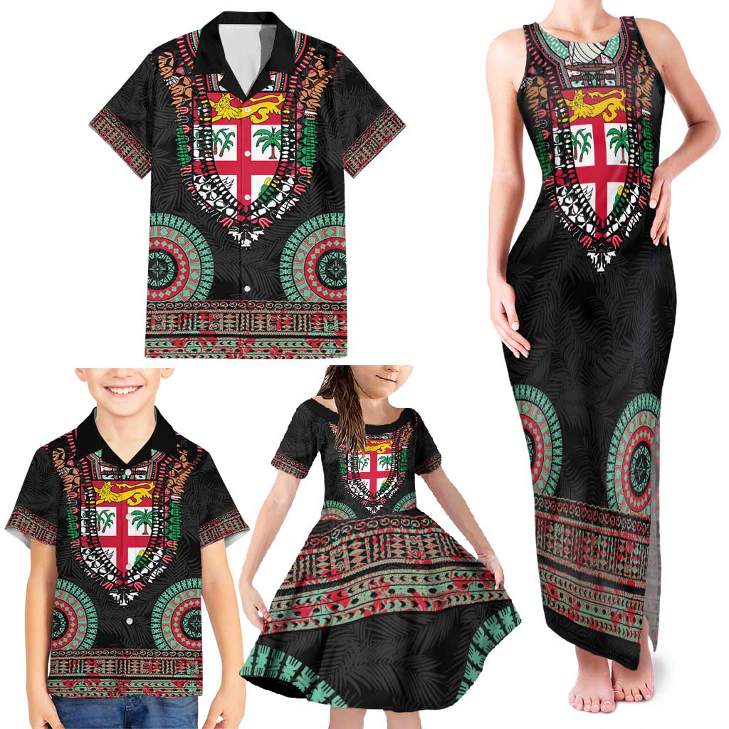 Fiji Coat of Arms Traditional Dashiki Family Matching Tank Maxi Dress and Hawaiian Shirt Tapa Art and Palm Leaves Pattern Black Color LT03 - Polynesian Pride