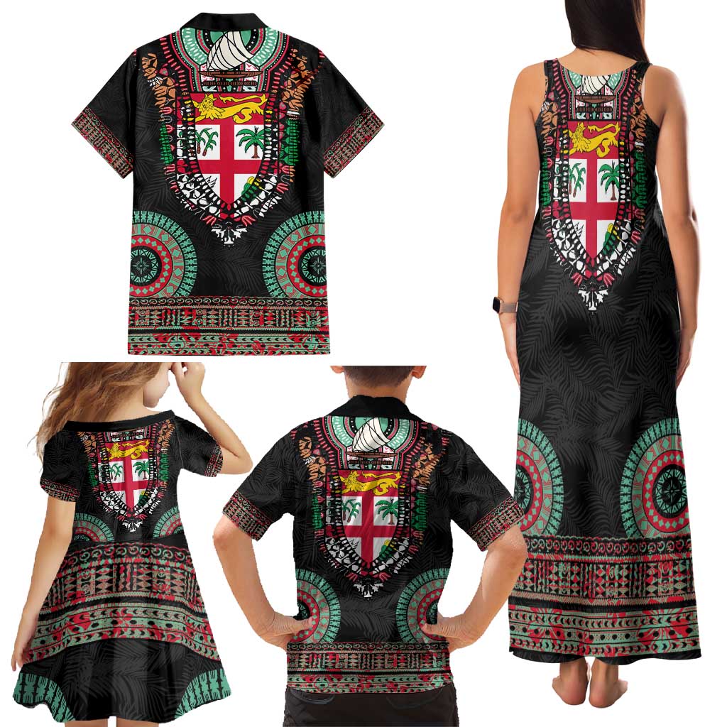 Fiji Coat of Arms Traditional Dashiki Family Matching Tank Maxi Dress and Hawaiian Shirt Tapa Art and Palm Leaves Pattern Black Color LT03 - Polynesian Pride