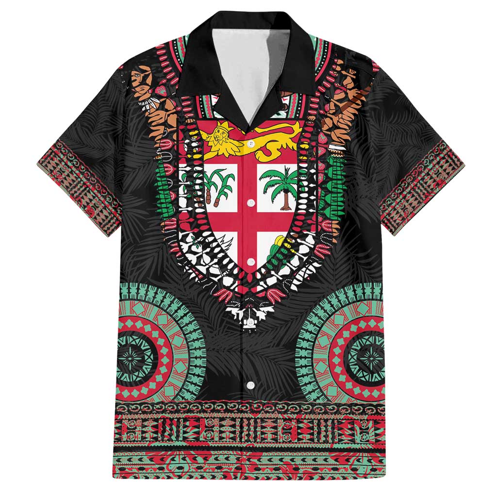 Fiji Coat of Arms Traditional Dashiki Family Matching Tank Maxi Dress and Hawaiian Shirt Tapa Art and Palm Leaves Pattern Black Color LT03 Dad's Shirt - Short Sleeve Black - Polynesian Pride