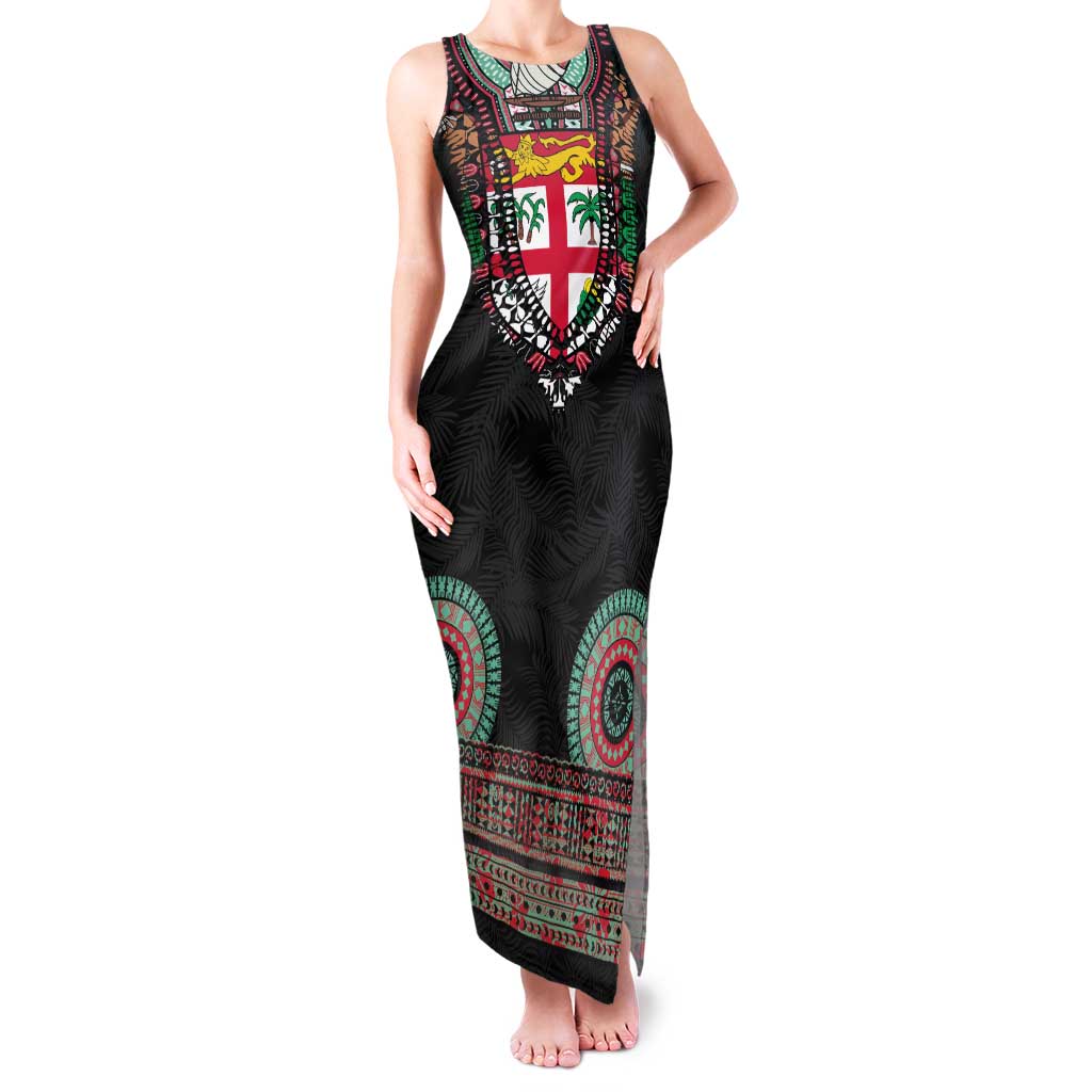 Fiji Coat of Arms Traditional Dashiki Family Matching Tank Maxi Dress and Hawaiian Shirt Tapa Art and Palm Leaves Pattern Black Color LT03 Mom's Dress Black - Polynesian Pride