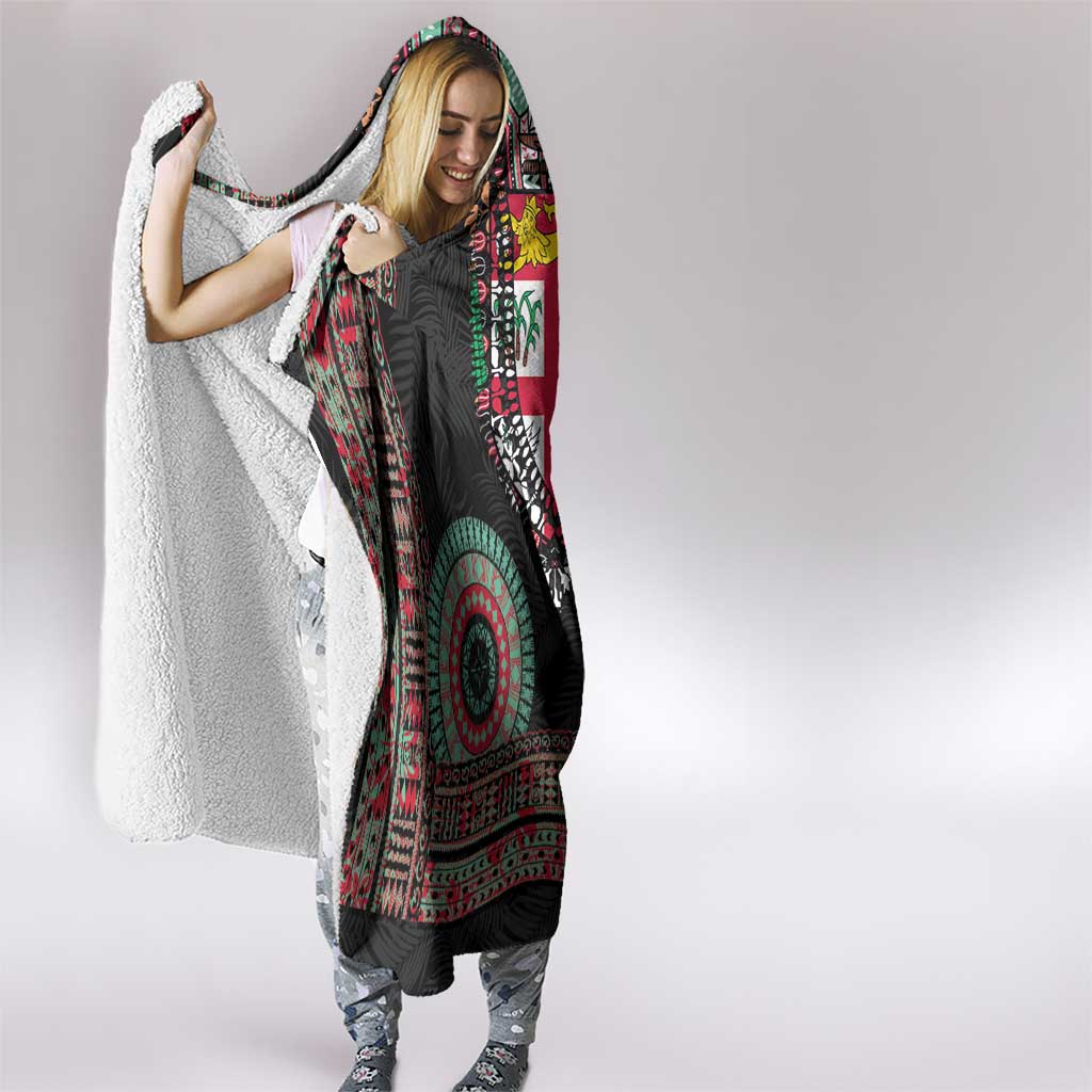Fiji Coat of Arms Traditional Dashiki Hooded Blanket Tapa Art and Palm Leaves Pattern Black Color - Polynesian Pride