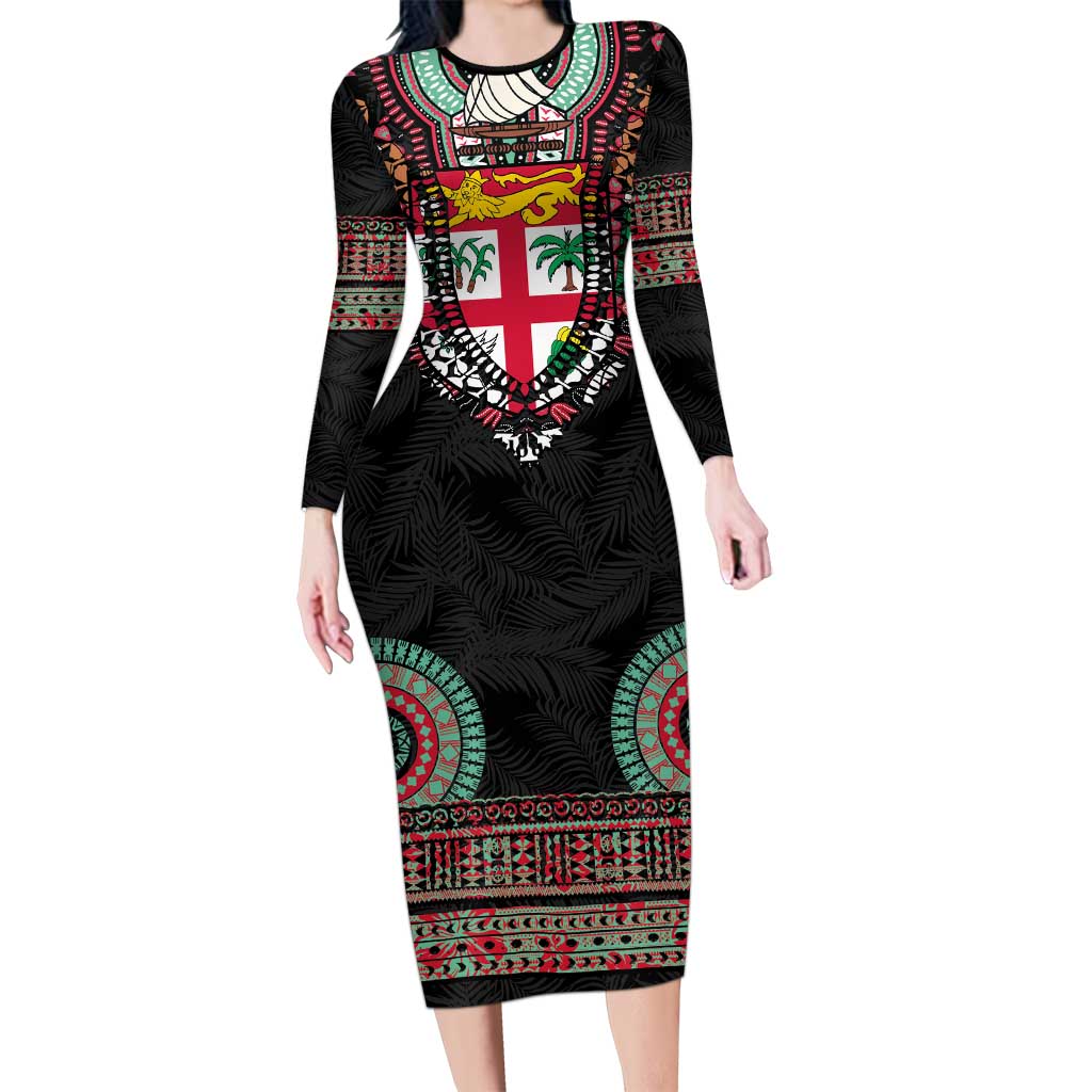 Fiji Coat of Arms Traditional Dashiki Long Sleeve Bodycon Dress Tapa Art and Palm Leaves Pattern Black Color LT03 Long Dress Black - Polynesian Pride