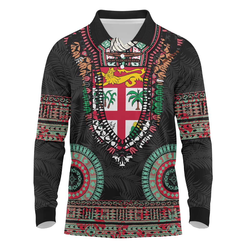 Fiji Coat of Arms Traditional Dashiki Long Sleeve Polo Shirt Tapa Art and Palm Leaves Pattern Black Color - Polynesian Pride