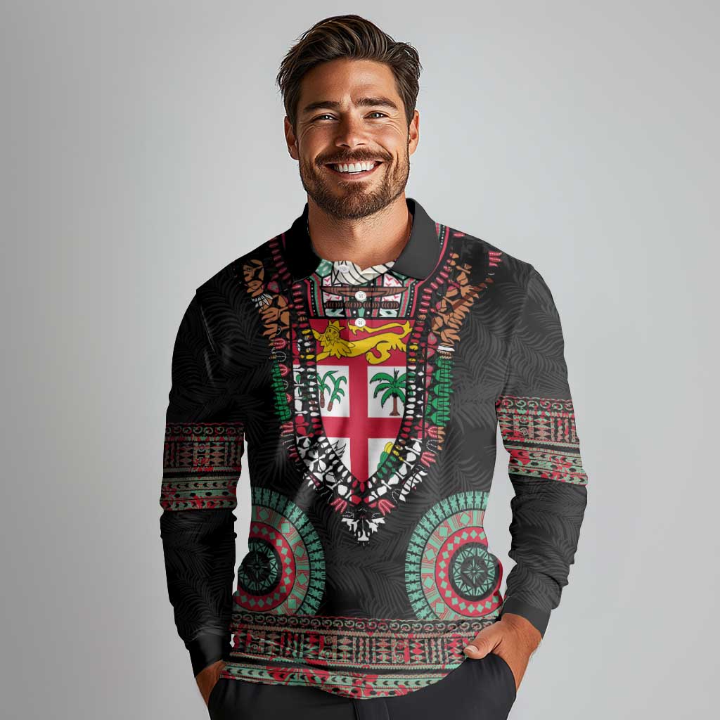 Fiji Coat of Arms Traditional Dashiki Long Sleeve Polo Shirt Tapa Art and Palm Leaves Pattern Black Color - Polynesian Pride
