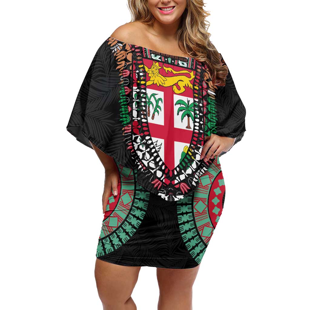 Fiji Coat of Arms Traditional Dashiki Off Shoulder Short Dress Tapa Art and Palm Leaves Pattern Black Color - Polynesian Pride