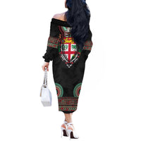 Fiji Coat of Arms Traditional Dashiki Off The Shoulder Long Sleeve Dress Tapa Art and Palm Leaves Pattern Black Color LT03 - Polynesian Pride