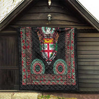 Fiji Coat of Arms Traditional Dashiki Quilt Tapa Art and Palm Leaves Pattern Black Color - Polynesian Pride