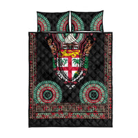 Fiji Coat of Arms Traditional Dashiki Quilt Bed Set Tapa Art and Palm Leaves Pattern Black Color - Polynesian Pride