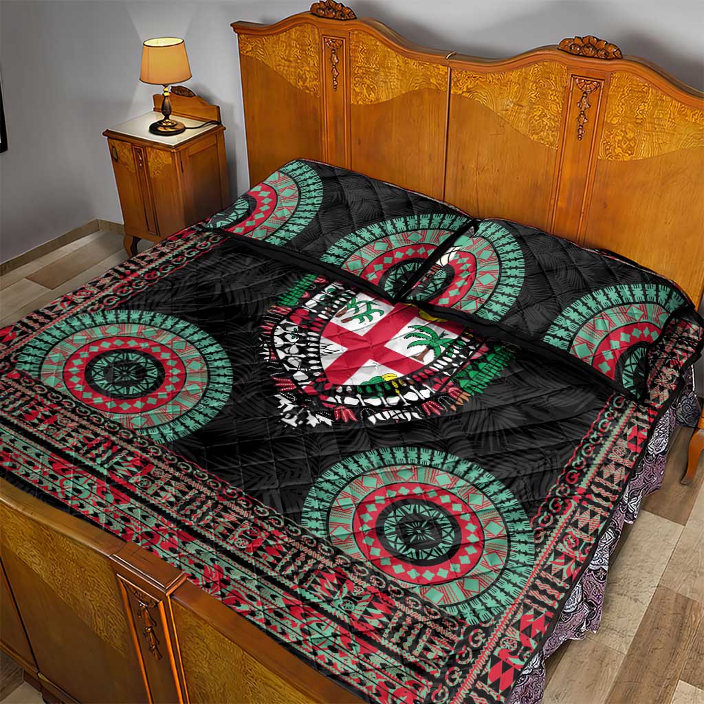 Fiji Coat of Arms Traditional Dashiki Quilt Bed Set Tapa Art and Palm Leaves Pattern Black Color - Polynesian Pride