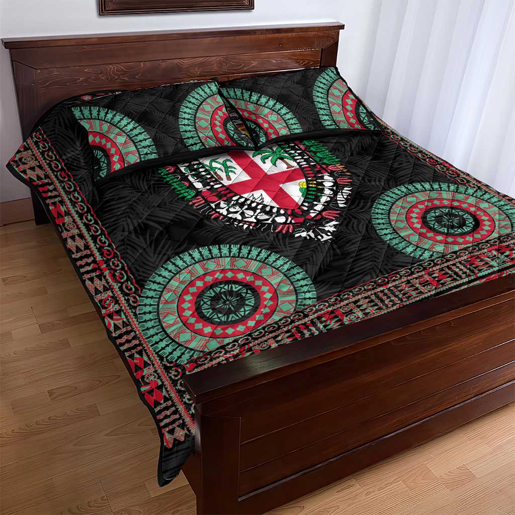 Fiji Coat of Arms Traditional Dashiki Quilt Bed Set Tapa Art and Palm Leaves Pattern Black Color - Polynesian Pride