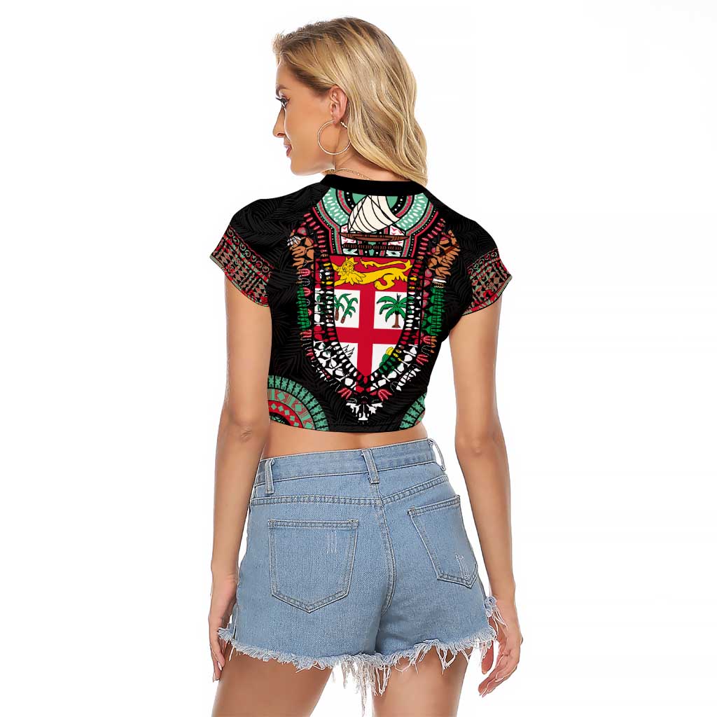 Fiji Coat of Arms Traditional Dashiki Raglan Cropped T Shirt Tapa Art and Palm Leaves Pattern Black Color - Polynesian Pride