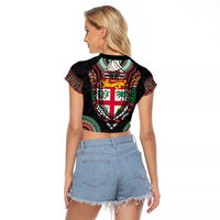 Fiji Coat of Arms Traditional Dashiki Raglan Cropped T Shirt Tapa Art and Palm Leaves Pattern Black Color - Polynesian Pride