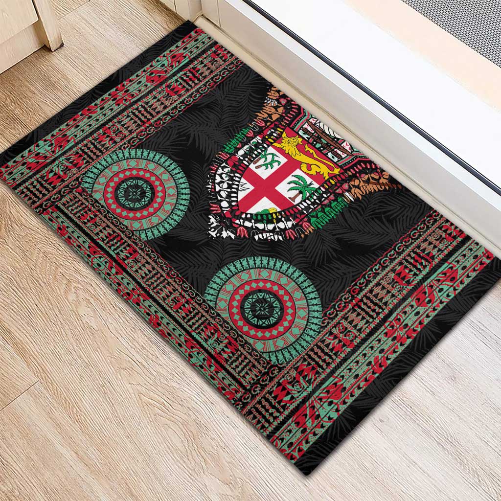 Fiji Coat of Arms Traditional Dashiki Rubber Doormat Tapa Art and Palm Leaves Pattern Black Color - Polynesian Pride