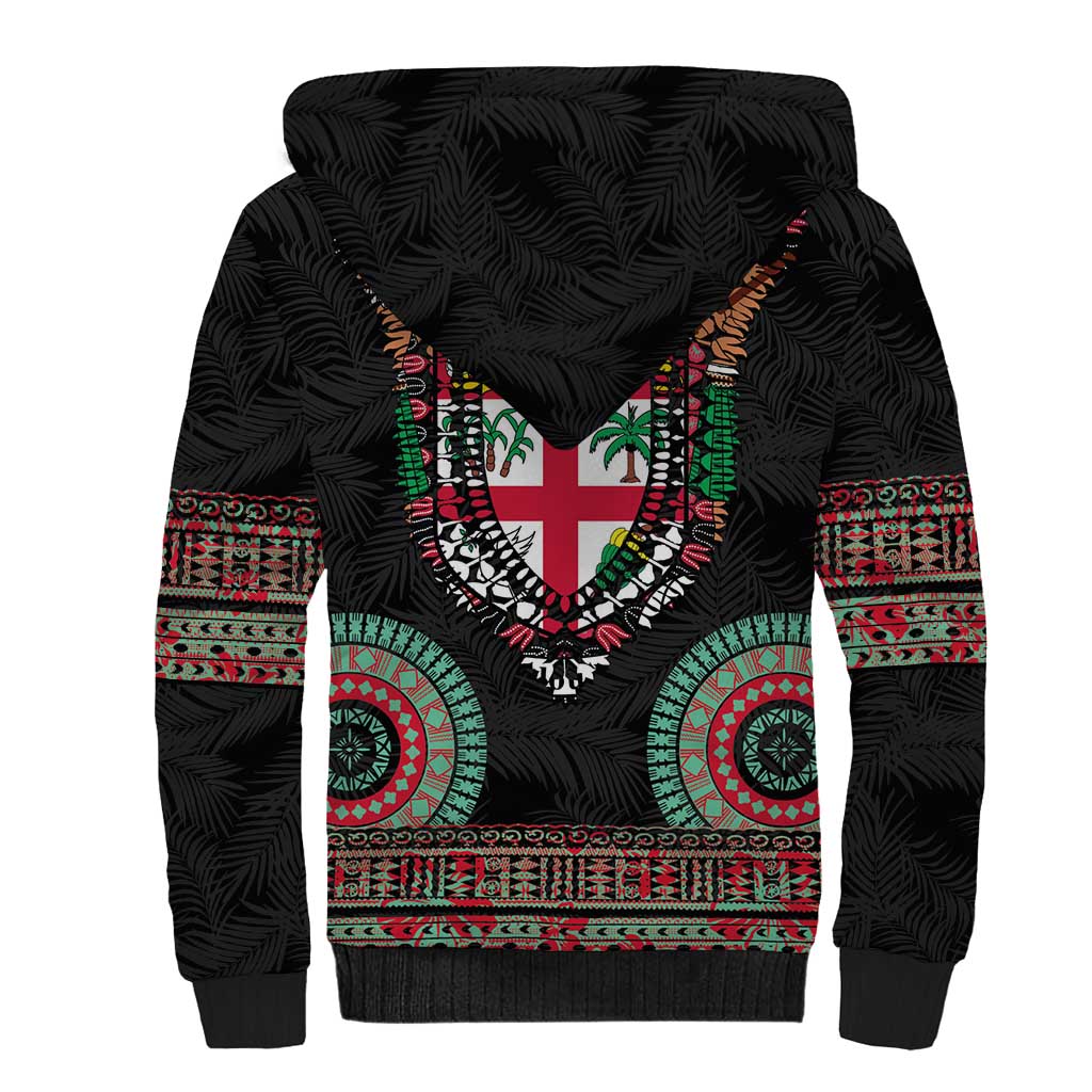 Fiji Coat of Arms Traditional Dashiki Sherpa Hoodie Tapa Art and Palm Leaves Pattern Black Color - Polynesian Pride
