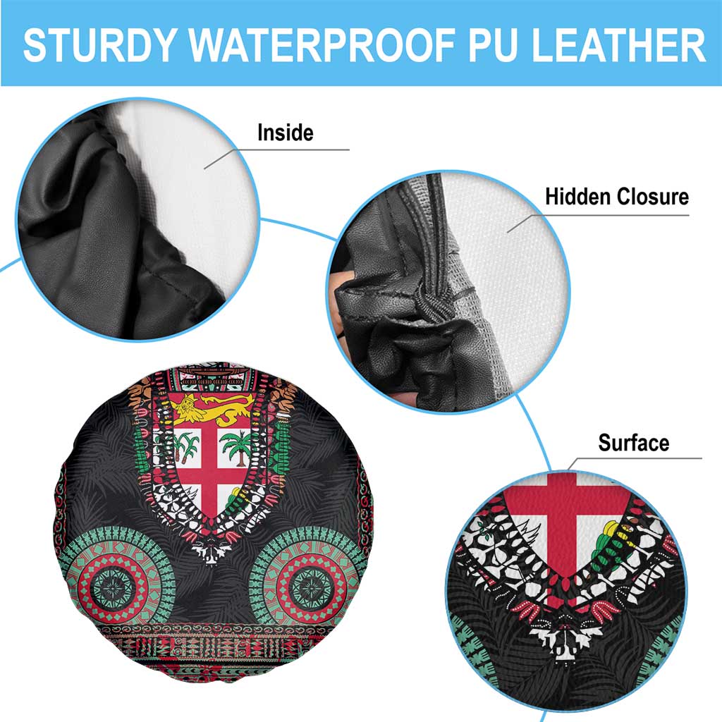 Fiji Coat of Arms Traditional Dashiki Spare Tire Cover Tapa Art and Palm Leaves Pattern Black Color - Polynesian Pride