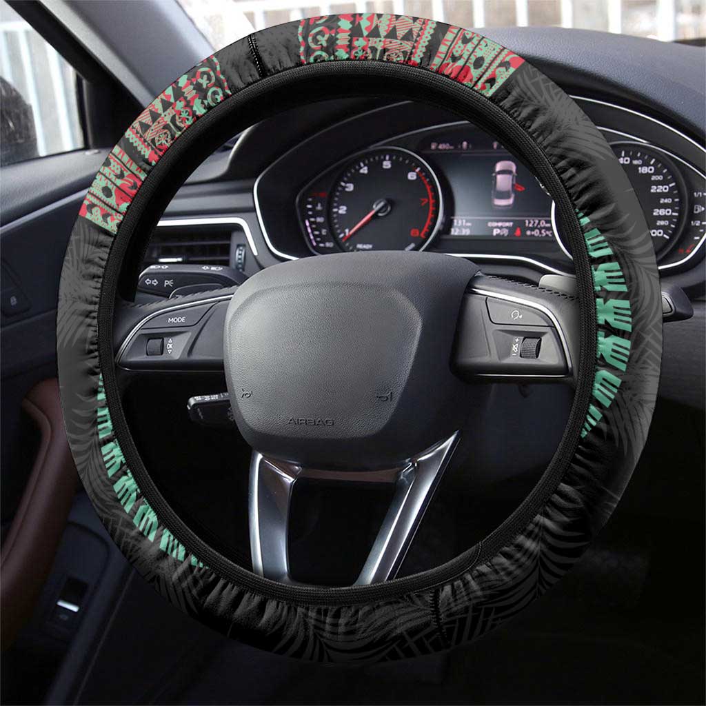 Fiji Coat of Arms Traditional Dashiki Steering Wheel Cover Tapa Art and Palm Leaves Pattern Black Color - Polynesian Pride