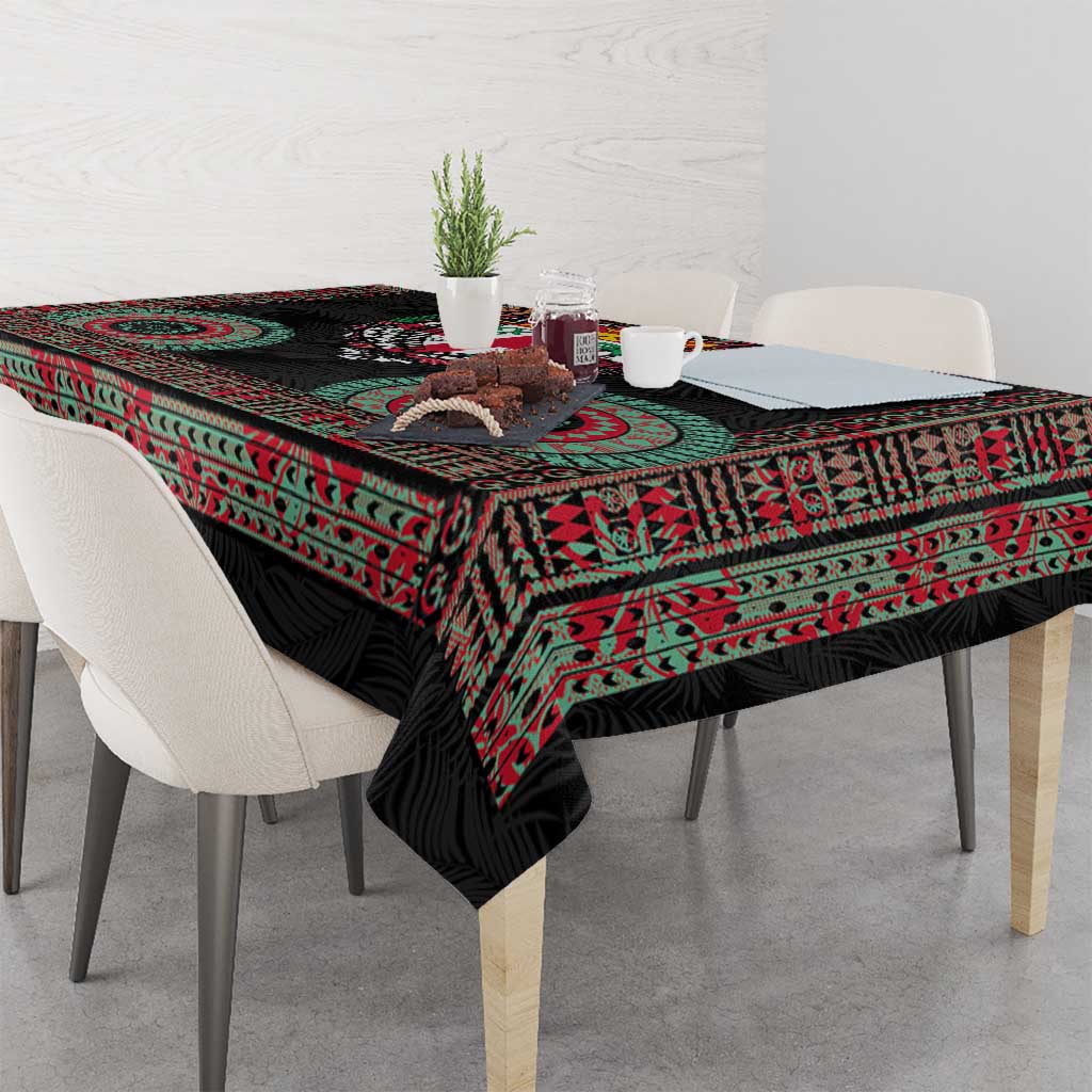 Fiji Coat of Arms Traditional Dashiki Tablecloth Tapa Art and Palm Leaves Pattern Black Color - Polynesian Pride