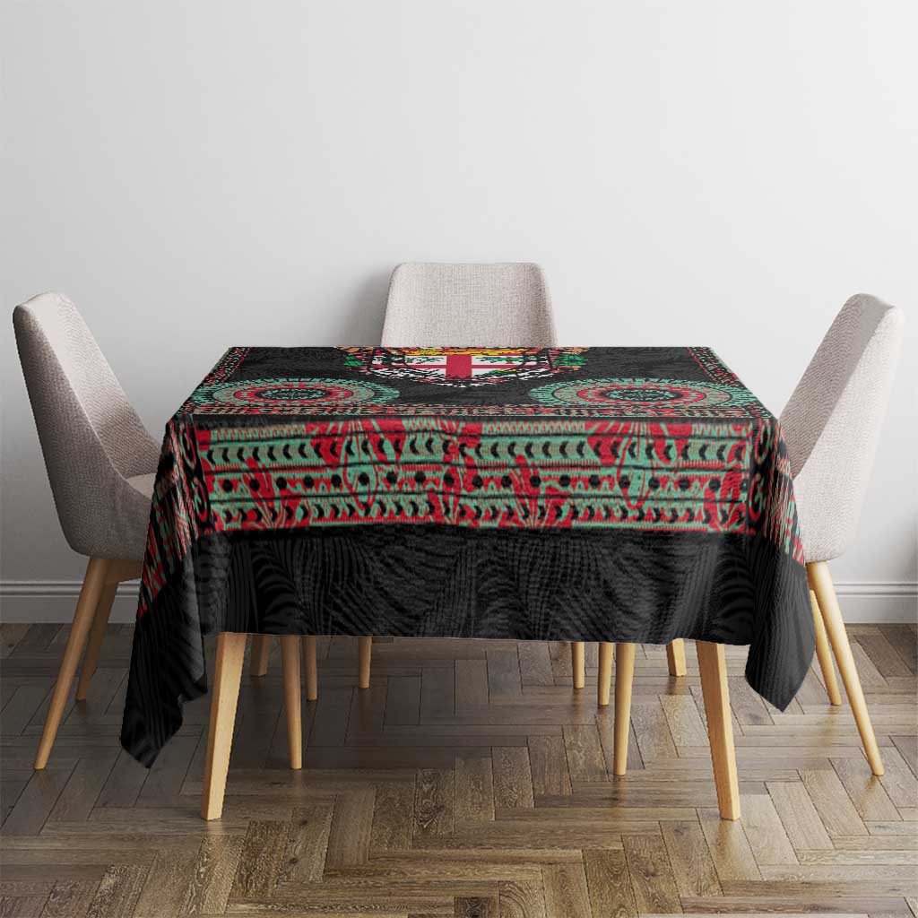Fiji Coat of Arms Traditional Dashiki Tablecloth Tapa Art and Palm Leaves Pattern Black Color - Polynesian Pride
