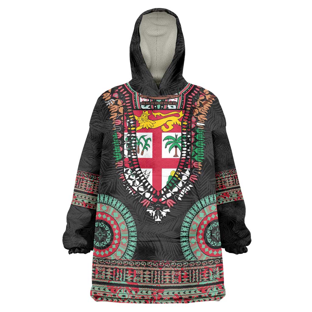 Fiji Coat of Arms Traditional Dashiki Wearable Blanket Hoodie Tapa Art and Palm Leaves Pattern Black Color - Polynesian Pride