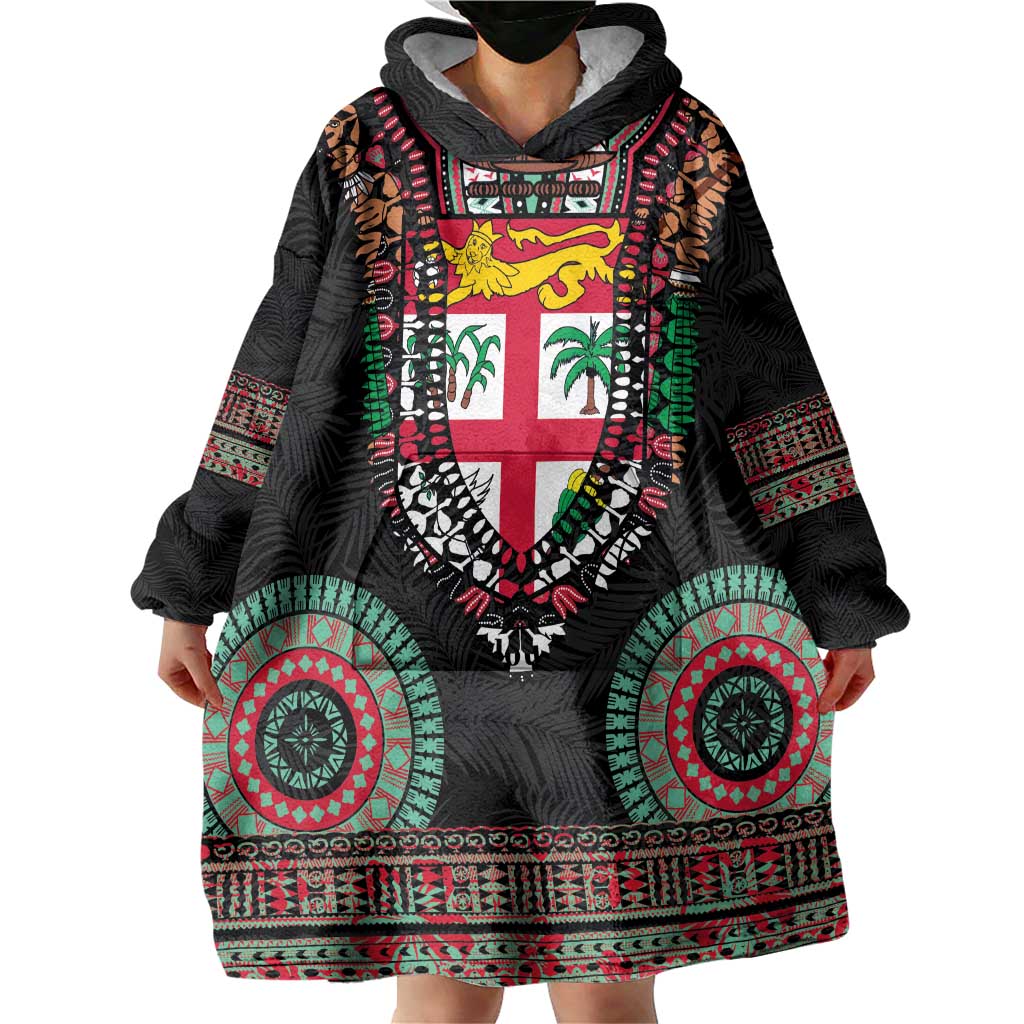 Fiji Coat of Arms Traditional Dashiki Wearable Blanket Hoodie Tapa Art and Palm Leaves Pattern Black Color LT03 - Polynesian Pride