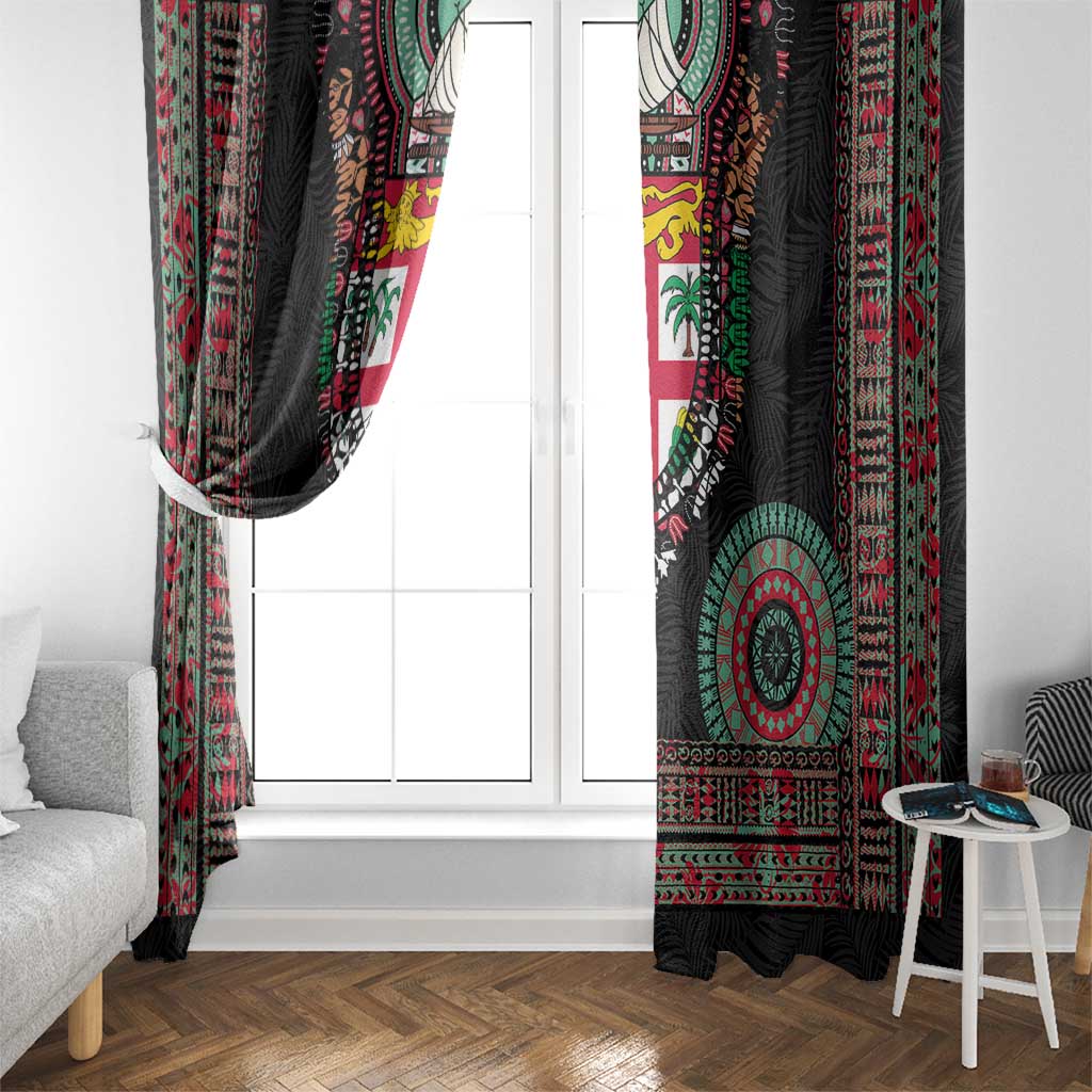 Fiji Coat of Arms Traditional Dashiki Window Curtain Tapa Art and Palm Leaves Pattern Black Color - Polynesian Pride