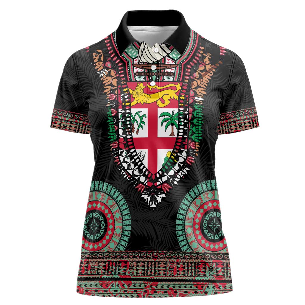 Fiji Coat of Arms Traditional Dashiki Women Polo Shirt Tapa Art and Palm Leaves Pattern Black Color LT03 Female Black - Polynesian Pride