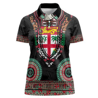 Fiji Coat of Arms Traditional Dashiki Women Polo Shirt Tapa Art and Palm Leaves Pattern Black Color LT03 Female Black - Polynesian Pride
