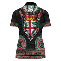 Fiji Coat of Arms Traditional Dashiki Women Polo Shirt Tapa Art and Palm Leaves Pattern Black Color LT03 - Polynesian Pride