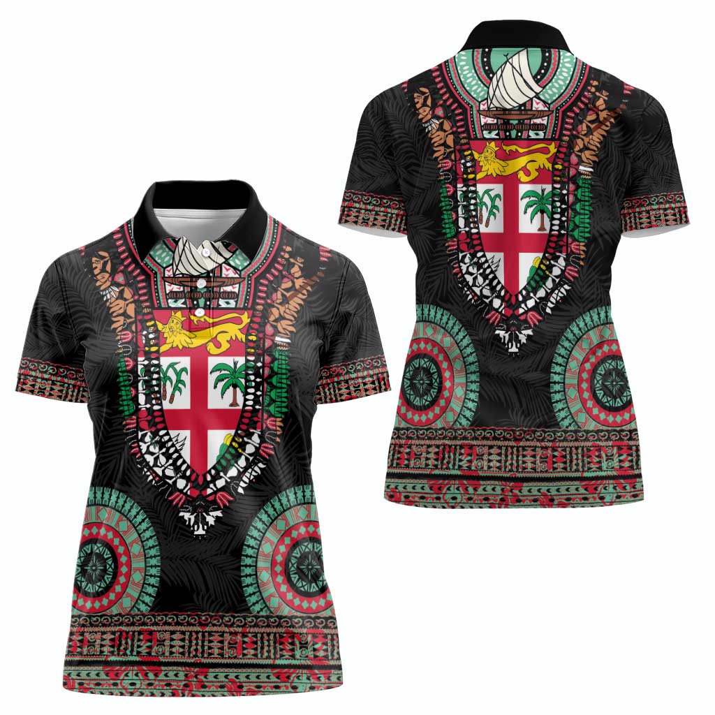 Fiji Coat of Arms Traditional Dashiki Women Polo Shirt Tapa Art and Palm Leaves Pattern Black Color LT03 - Polynesian Pride
