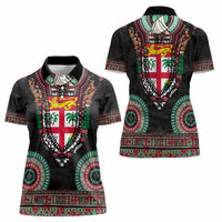 Fiji Coat of Arms Traditional Dashiki Women Polo Shirt Tapa Art and Palm Leaves Pattern Black Color LT03 - Polynesian Pride