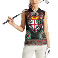 Fiji Coat of Arms Traditional Dashiki Women Sleeveless Polo Shirt Tapa Art and Palm Leaves Pattern Black Color - Polynesian Pride