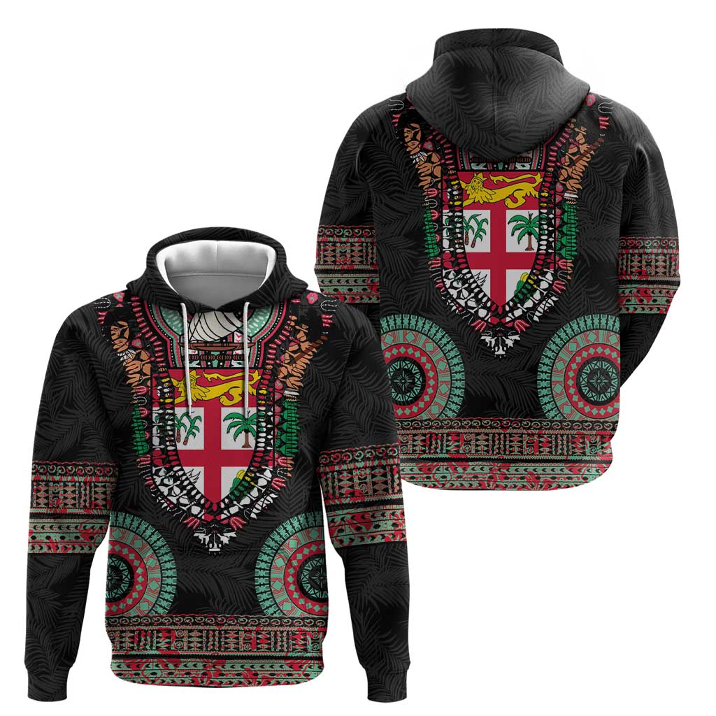 Fiji Coat of Arms Traditional Dashiki Zip Hoodie Tapa Art and Palm Leaves Pattern Black Color - Polynesian Pride