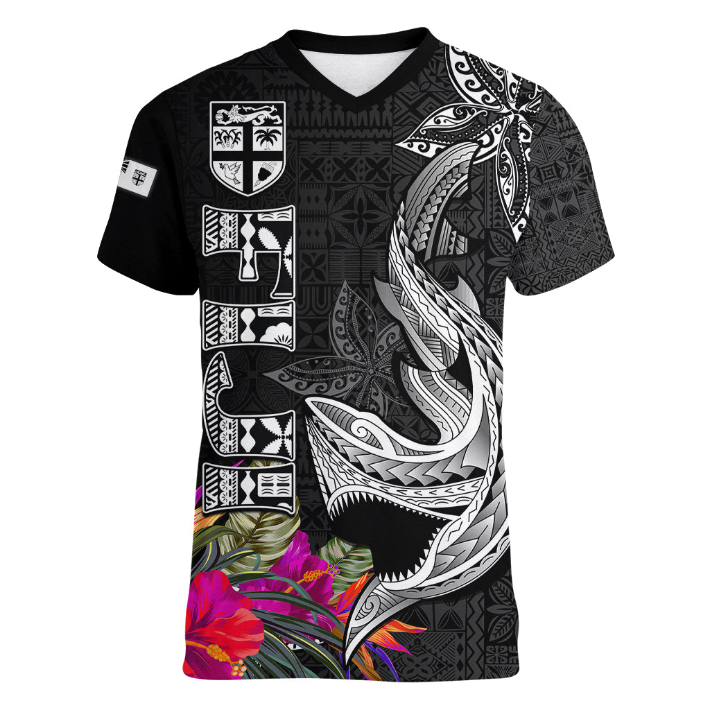 Polynesian Fiji Women V Neck T Shirt Shark and Hibiscus Tapa Pattern Version LT03 Female White - Polynesian Pride