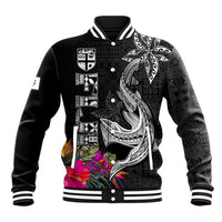 Custom Polynesian Fiji Baseball Jacket Shark and Hibiscus Tapa Pattern Version LT03 Unisex White - Polynesian Pride