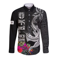 Custom Polynesian Fiji Long Sleeve Button Shirt Shark and Hibiscus Tapa Pattern Version LT03 Unisex White - Polynesian Pride