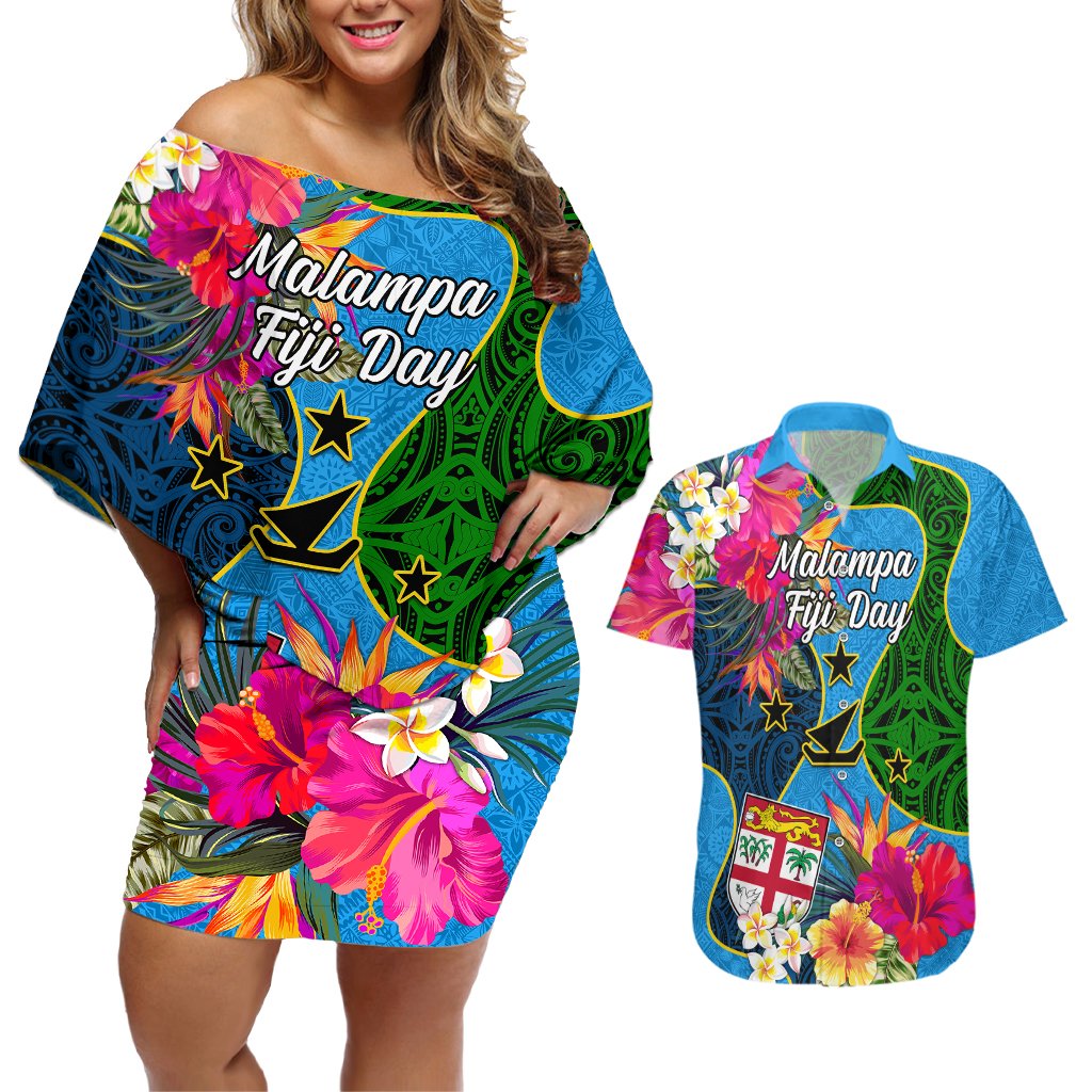 Malampa Fiji Day Couples Matching Off Shoulder Short Dress and Hawaiian Shirt Tropical Plants Mix Polynesian and Tapa Pattern LT03 Blue - Polynesian Pride