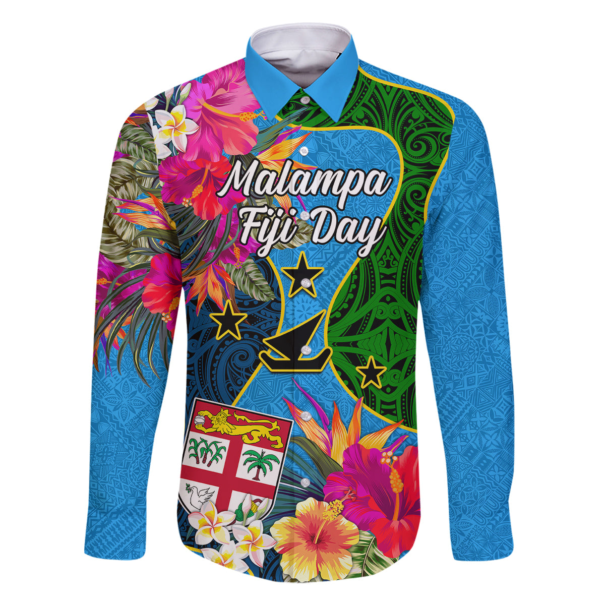 Malampa Fiji Day Family Matching Off Shoulder Long Sleeve Dress and Hawaiian Shirt Tropical Plants Mix Polynesian and Tapa Pattern LT03 Dad's Shirt - Long Sleeve Blue - Polynesian Pride