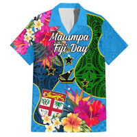 Malampa Fiji Day Family Matching Off Shoulder Maxi Dress and Hawaiian Shirt Tropical Plants Mix Polynesian and Tapa Pattern LT03 Dad's Shirt - Short Sleeve Blue - Polynesian Pride