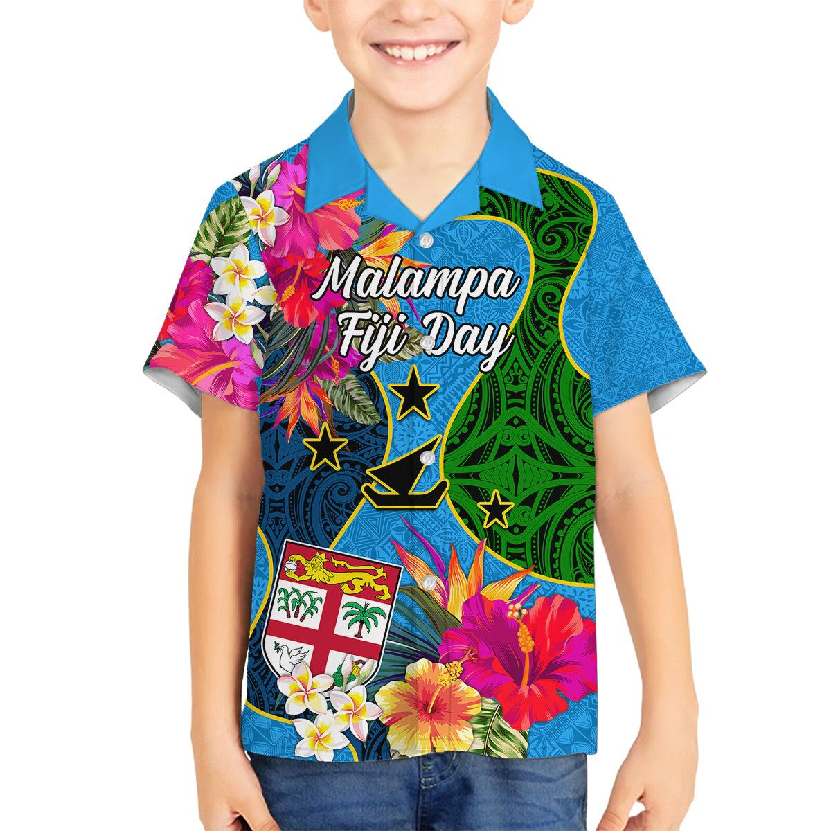 Malampa Fiji Day Family Matching Off Shoulder Maxi Dress and Hawaiian Shirt Tropical Plants Mix Polynesian and Tapa Pattern LT03 Son's Shirt Blue - Polynesian Pride