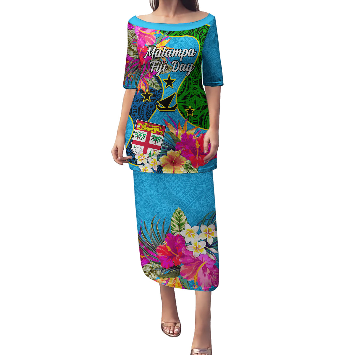 Malampa Fiji Day Family Matching Puletasi Dress and Hawaiian Shirt Tropical Plants Mix Polynesian and Tapa Pattern LT03 Mom's Dress Blue - Polynesian Pride
