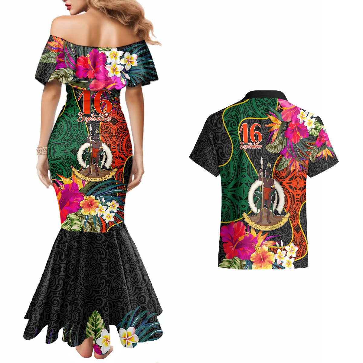 Penama Day Couples Matching Mermaid Dress and Hawaiian Shirt 16th September Polynesian Pattern with Pacific Flower LT03 - Polynesian Pride