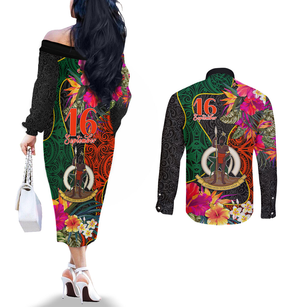 Penama Day Couples Matching Off The Shoulder Long Sleeve Dress and Long Sleeve Button Shirts 16th September Polynesian Pattern with Pacific Flower LT03 - Polynesian Pride