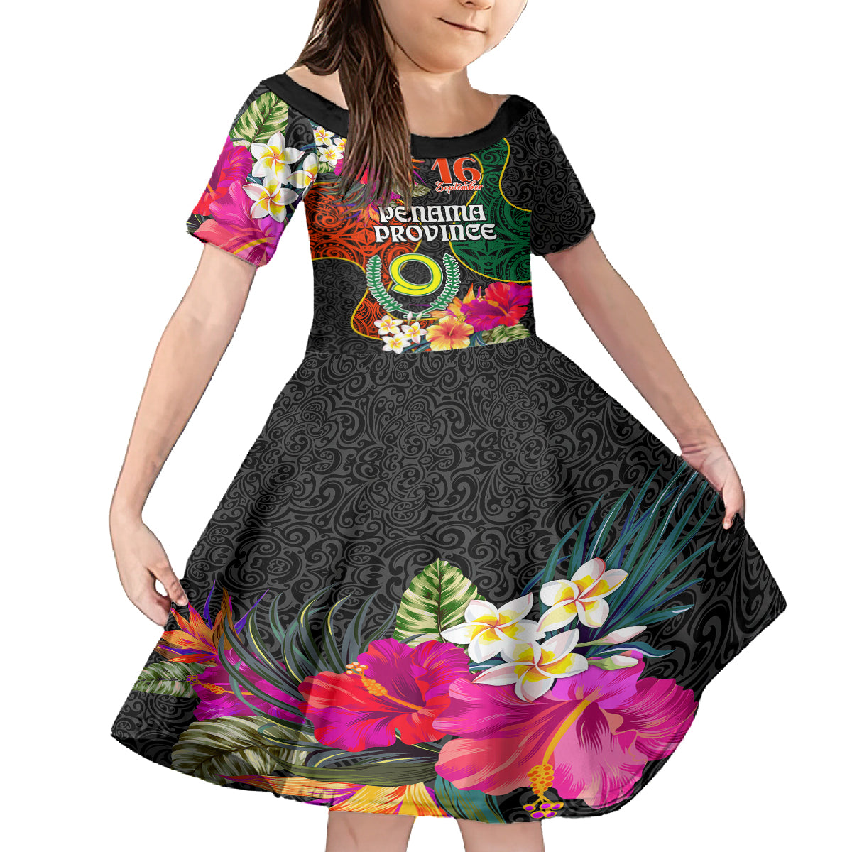 Penama Day Kid Short Sleeve Dress 16th September Polynesian Pattern with Pacific Flower LT03 KID Black - Polynesian Pride