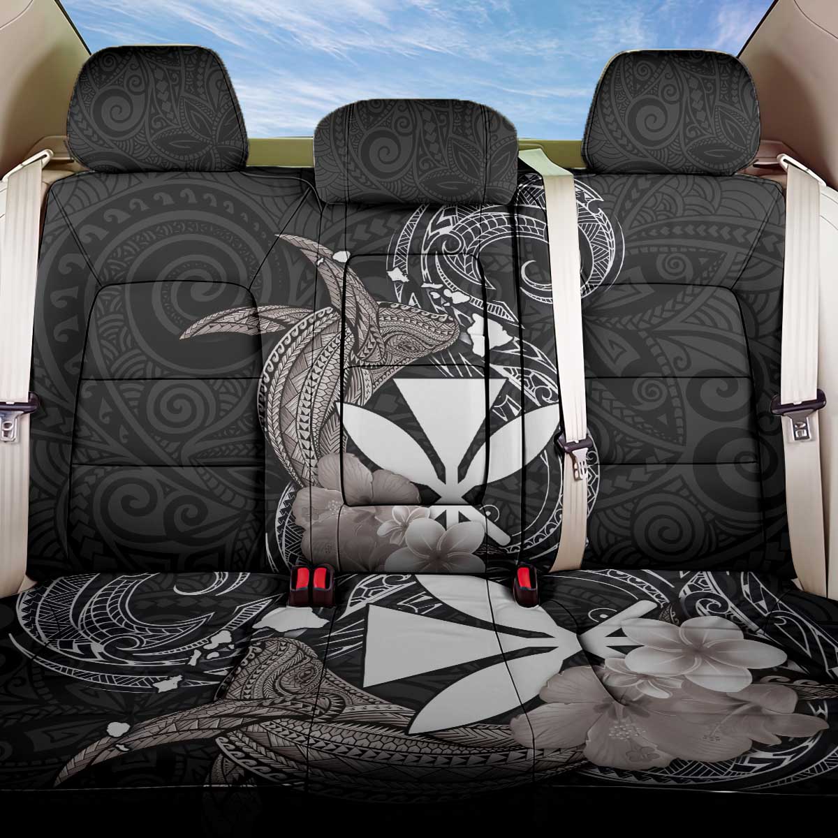 Hawaiian Whale and Kanaka Maoli Symbol Back Car Seat Cover Hibiscus with Hawaii Map and Polynesian Tattoo Grayscale Color LT03 One Size Black - Polynesian Pride