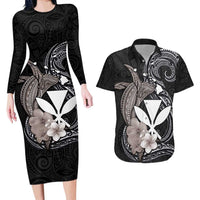 Hawaiian Whale and Kanaka Maoli Symbol Couples Matching Long Sleeve Bodycon Dress and Hawaiian Shirt Hibiscus with Hawaii Map and Polynesian Tattoo Grayscale Color LT03 Black - Polynesian Pride