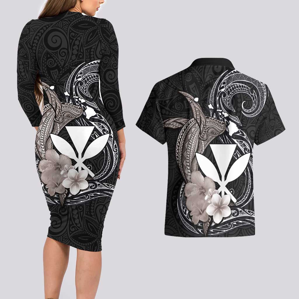Hawaiian Whale and Kanaka Maoli Symbol Couples Matching Long Sleeve Bodycon Dress and Hawaiian Shirt Hibiscus with Hawaii Map and Polynesian Tattoo Grayscale Color LT03 - Polynesian Pride
