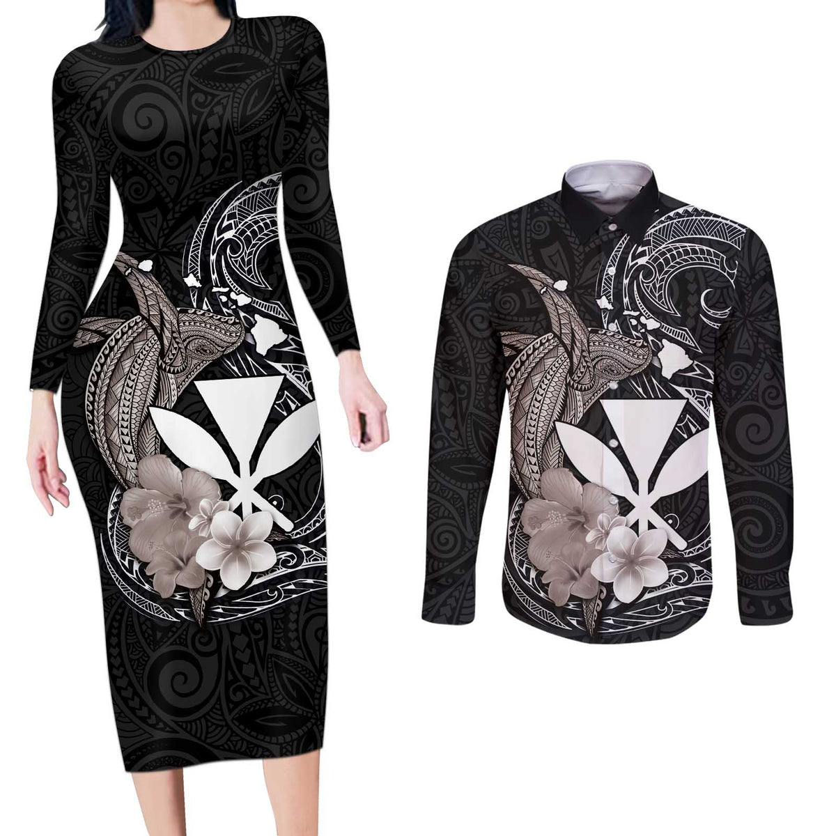Hawaiian Whale and Kanaka Maoli Symbol Couples Matching Long Sleeve Bodycon Dress and Long Sleeve Button Shirt Hibiscus with Hawaii Map and Polynesian Tattoo Grayscale Color LT03 Black - Polynesian Pride