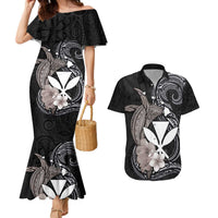 Hawaiian Whale and Kanaka Maoli Symbol Couples Matching Mermaid Dress and Hawaiian Shirt Hibiscus with Hawaii Map and Polynesian Tattoo Grayscale Color LT03 Black - Polynesian Pride